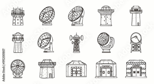 Collection of hand-drawn radar and communication towers, air traffic control towers, and satellite dishes, vector illustration