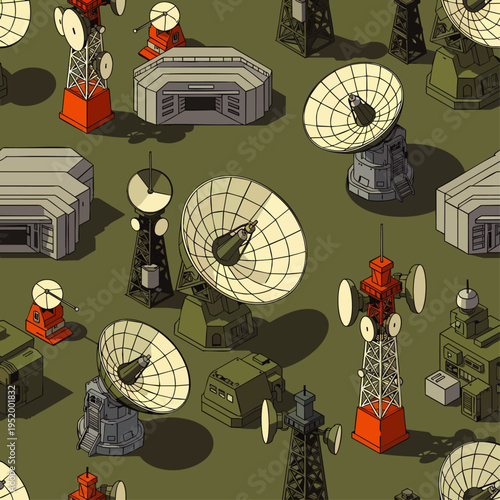 Seamless isometric pattern of communication towers, satellite dishes, and modern buildings in a military green palette