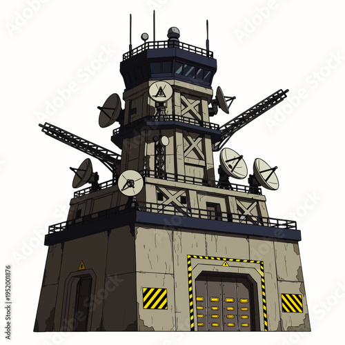 Modern air traffic control tower with radar dishes and communication equipment, futuristic design.