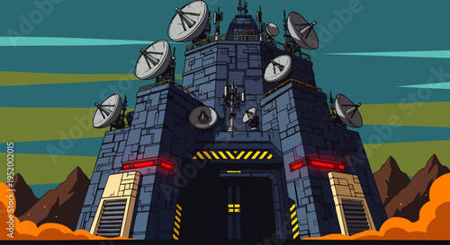 Digital illustration of a secure, futuristic communication outpost with multiple satellite dishes atop a formidable structure, sci-fi base