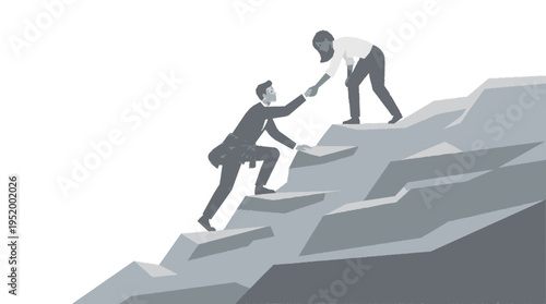 Two businessmen climbing stairs helping each other up teamwork and support on a gray staircase
