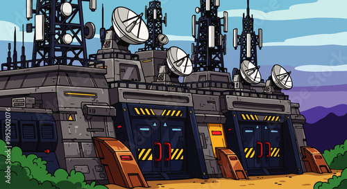 Futuristic communication station with satellite dishes and antennas, representing technology and connectivity.