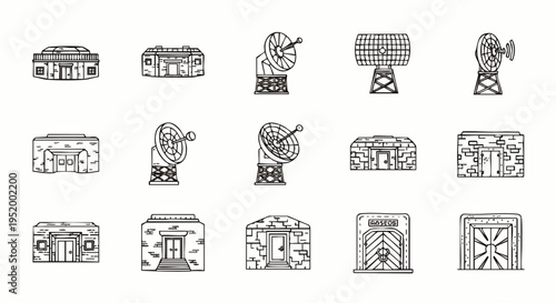 Collection of retro sci-fi buildings and structures, vintage science fiction architecture, futuristic design elements