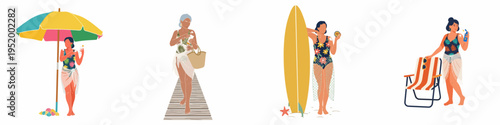 Set of flat vector illustrations depicting diverse women at the beach applying sunscreen and enjoying summer activities for sun protection and body positivity.