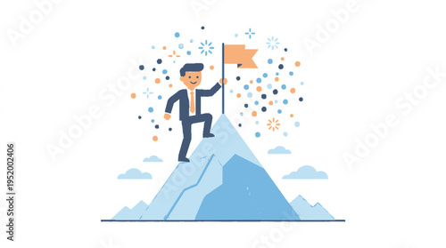 Businessman reaches mountain peak achieving success with flag and confetti