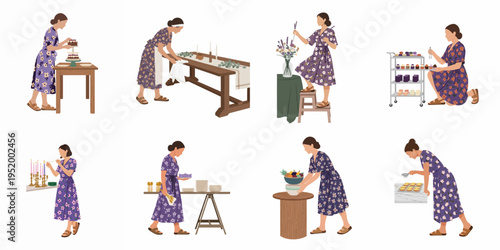 A collection of flat vector illustrations featuring a woman in a floral dress preparing for a party, including decorating cakes and setting tables.