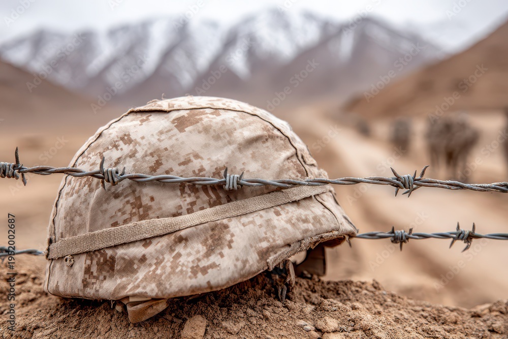 Fototapeta premium A US military helmet rests on the ground, juxtaposed against barbed wire, with soldiers marching in the backdrop, set against a mountain landscape under an overcast sky.