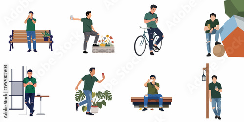 Collection of flat illustrations showing a young man using his smartphone in various urban and outdoor settings like parks, cafes, and streets.