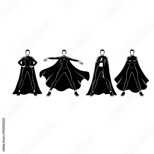 A collection of four distinct superhero poses featuring figures wearing capes in black and white