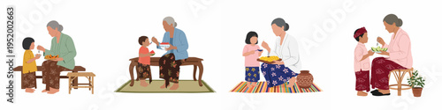 Set of illustrations depicting a traditional Indonesian grandmother feeding and caring for her grandchildren, wearing kebaya and batik, in a flat design style.