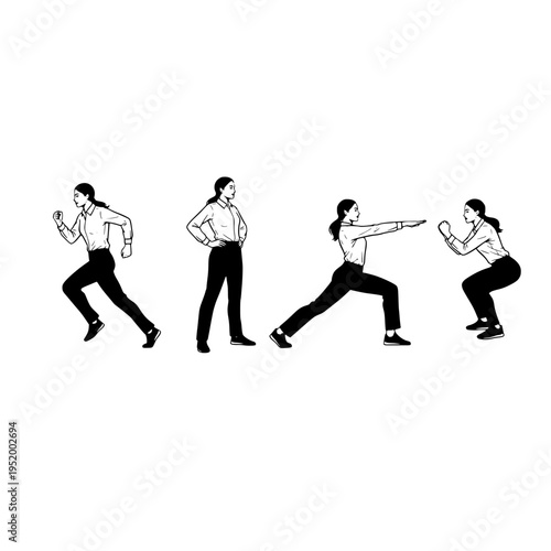 A sequence of line art illustrations showing a businesswoman performing various physical exercises