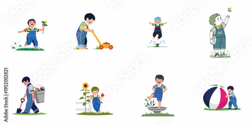Collection of flat vector illustrations showing a little boy in overalls having fun with various outdoor summer garden activities.