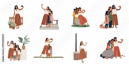 Diverse Collection of Flat Illustrations Depicting Families and Women Taking Selfies with Smartphones in Various Indoor and Outdoor Settings