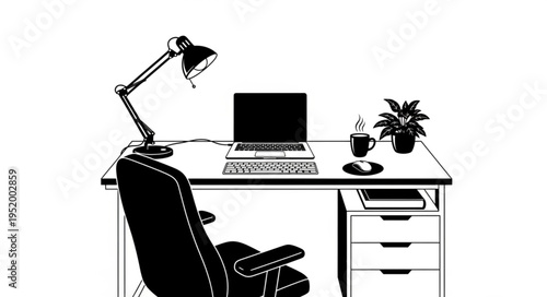 Workspace Illustration - Desk with Laptop, Lamp, Chair, and Plant in Black and White.