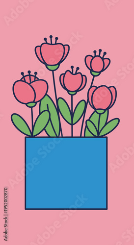 Potted flowers in vase simple cute plant illustration pink background