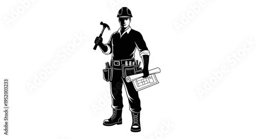 Illustration of a Construction Worker Holding a Hammer and Blueprint.
