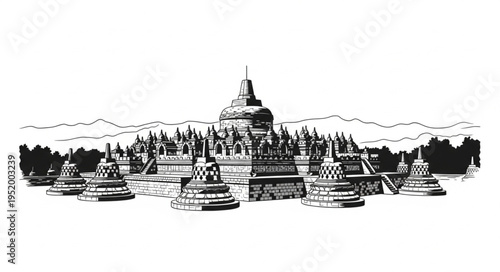 Monochrome depiction of Borobudur Temple, a 9th-century Mahayana Buddhist monument.