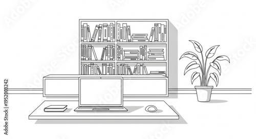 Minimalist Workspace Illustration with Laptop, Bookshelf, and Plant.
