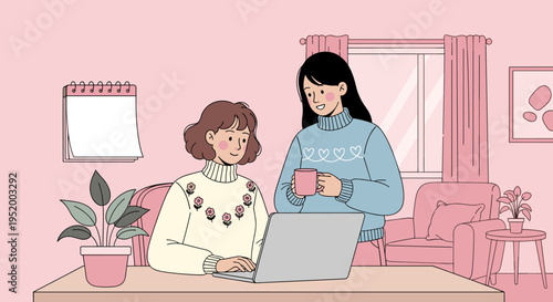Two women working together on laptop at home cozy lifestyle flat illustration