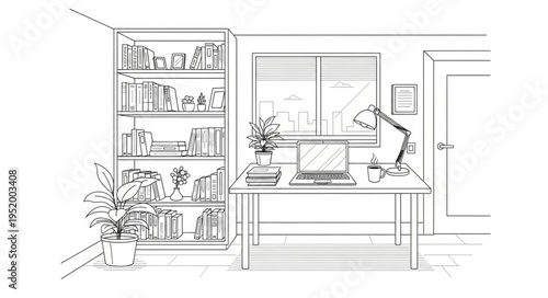 Sketch of a home office setup with desk, computer, and bookshelf.
