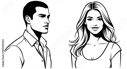 Elegant Man and Woman Portrait Illustration in Black and White.