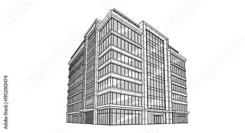 Architectural Sketch of a Modern Multi-Story Building with Glass Facade.