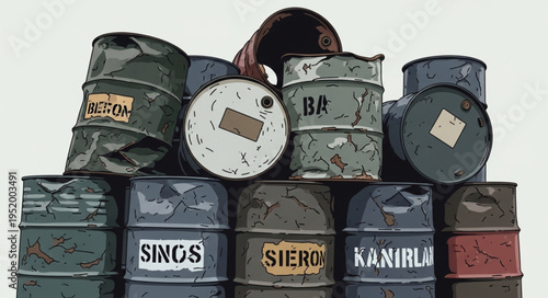 Stack of weathered and labeled metal barrels, industrial storage.