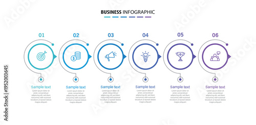 Business infographic vector design template with 6 options, steps or processes. Can be used for workflow layout, diagram, annual report, web design	

