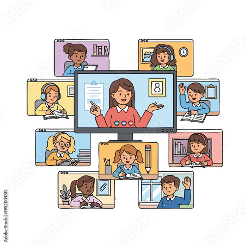 Diverse children participate in a virtual classroom session led by their teacher