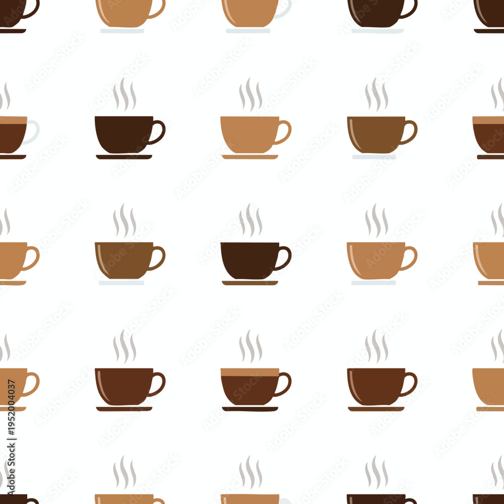 Obraz premium Repeating pattern of steaming coffee cups in brown and tan on a white background