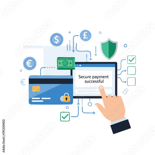 A hand presses a screen confirming a secure payment, with a credit card and currency symbols