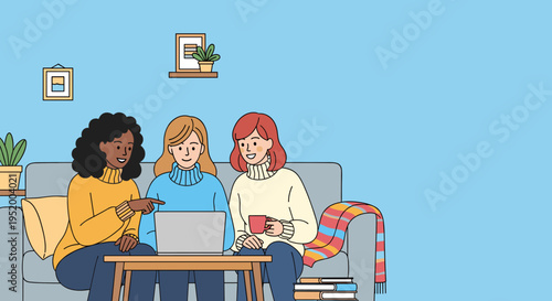 Group of women using laptop together at home friendly meeting flat illustration