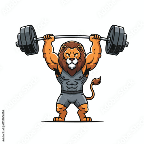 Muscular anthropomorphic lion lifting weights, showcasing strength and fitness