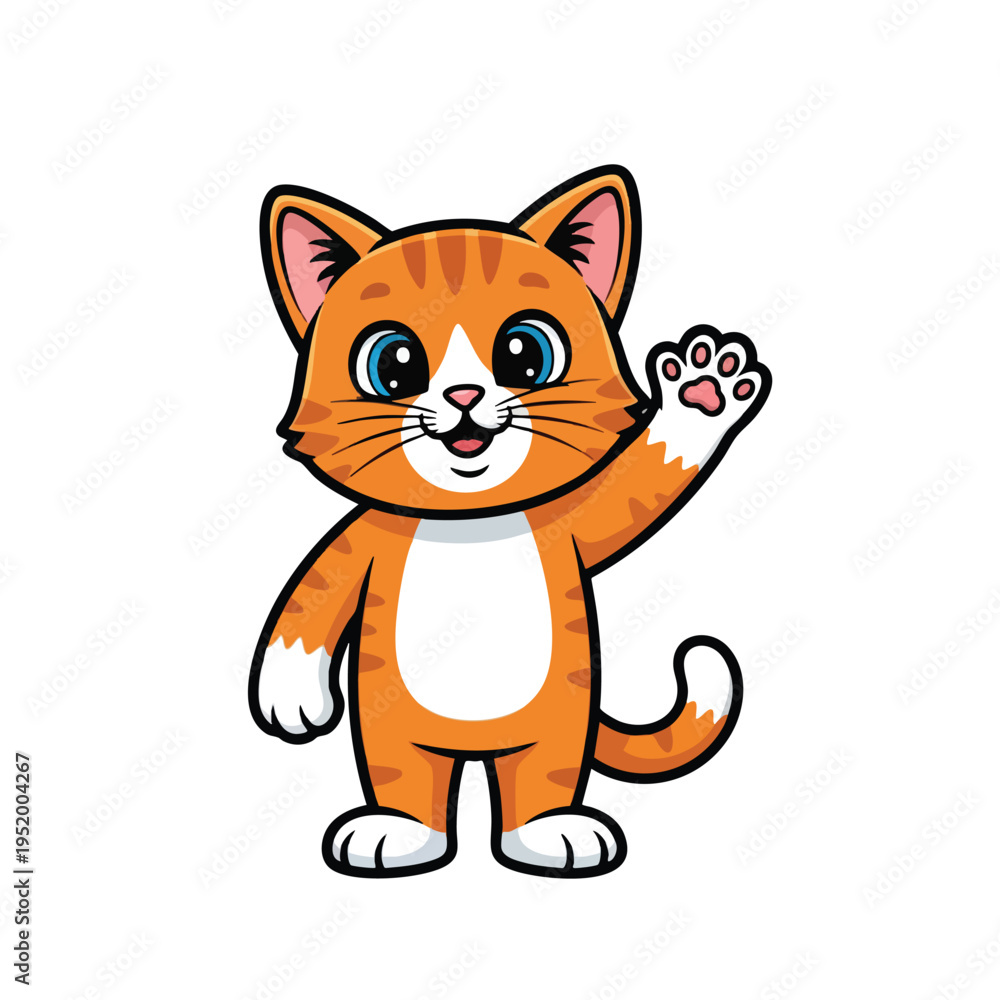 Obraz premium Cute cartoon orange tabby kitten waving its paw, isolated on white