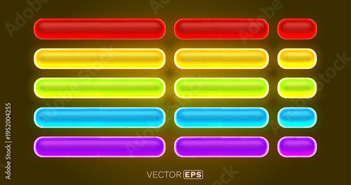 Colorful glowing neon buttons and bars collection.