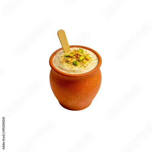 Traditional indian matka kulfi ice cream in a clay pot isolated on white background