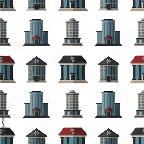Seamless pattern of various flat design buildings in muted tones