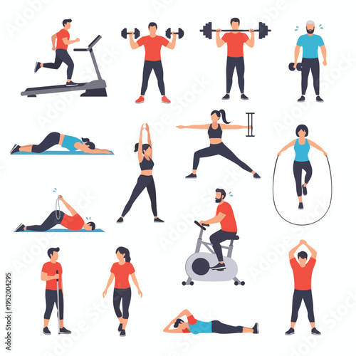 People exercising with various equipment running, weights, yoga, cycling, jump rope