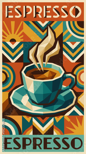 Geometric espresso cup poster with steam and decorative pattern