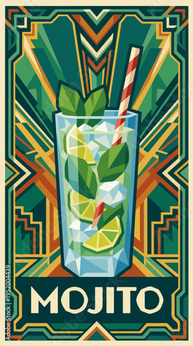Mojito cocktail poster with lime wedges mint leaves ice cubes and striped straw