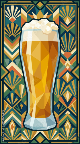 Tall beer glass poster with foamy head and geometric background