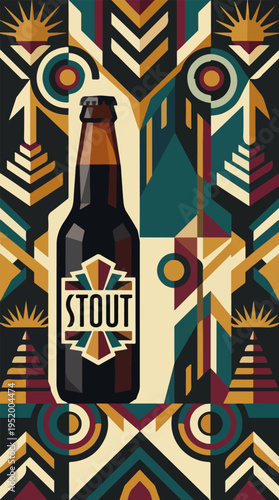 Stout beer bottle poster with label and geometric decorative background