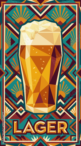 Lager beer poster with foamy pint glass and geometric frame