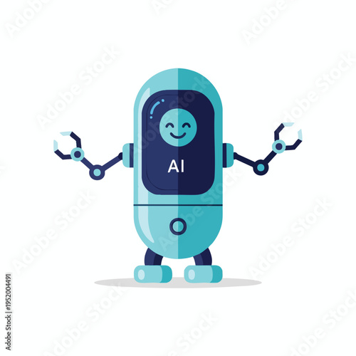 Smiling blue robot with articulated arms and "AI" displayed on its screen