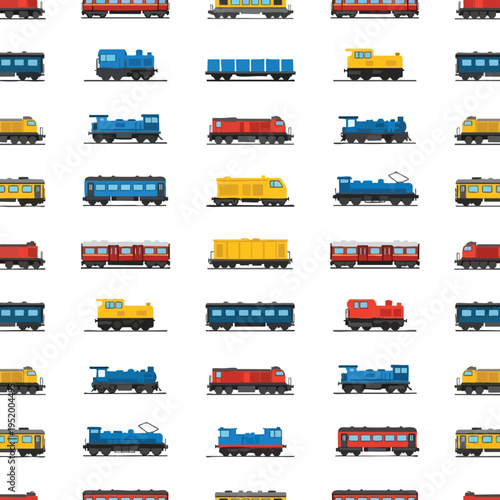 A patterned display of colorful cartoon trains and train cars