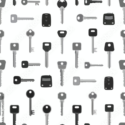 A repeating pattern of various types and styles of keys, both antique and modern