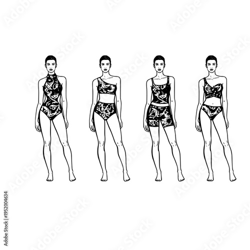 Four fashion sketches of women wearing various black and white patterned swimwear and beach outfits
