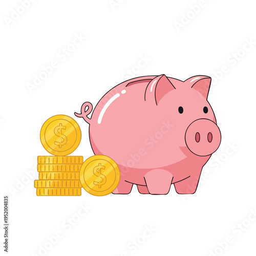 A cartoon pink pig sits next to a stack of golden coins with dollar signs