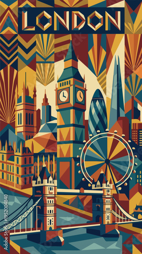 London travel poster with Big Ben Tower Bridge and London Eye