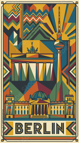 Berlin travel poster with Brandenburg Gate TV tower and Reichstag